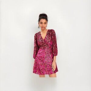 Loft Shimmer Floral Velvet Faux Wrap Dress Size 8 Purple Pink Gold